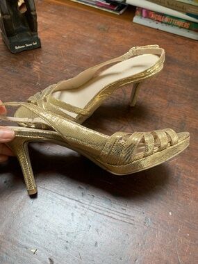 Gold Metallic Strappy Slingback Heels - Women's Dress Sandals